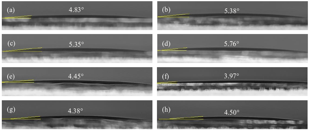 SiO2晶片经91短视频在线播放体活化不同时间后的表面接触角图像