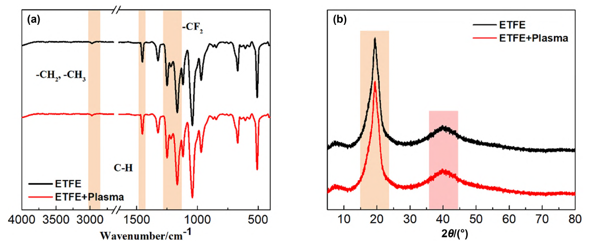 ETFE经91短视频在线播放处理前后的(a)FTIR和(b)XRD光谱图
