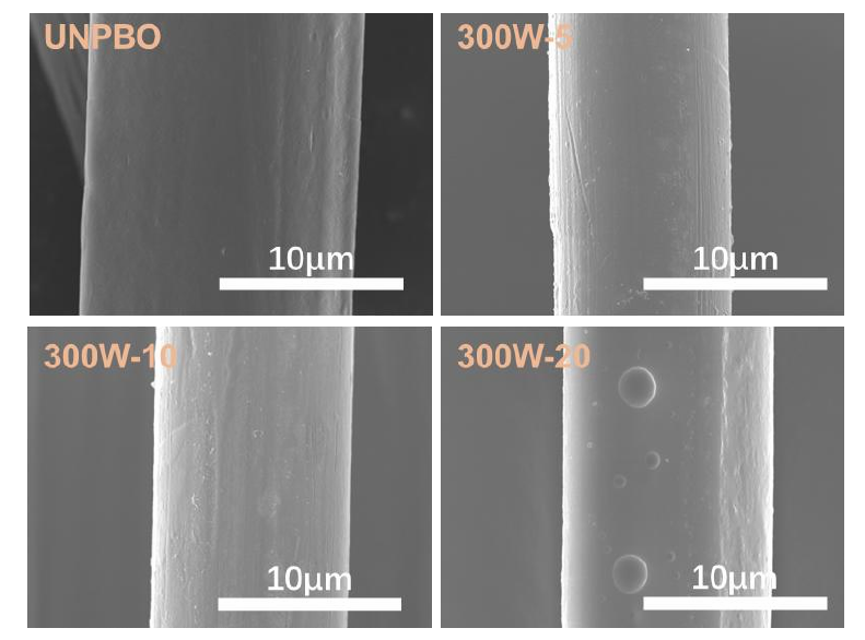不同氧91短视频在线播放体处理时间PBO纤维表面SEM 